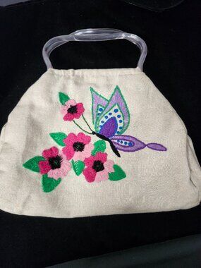 Vintage Embroidered Butterfly Floral Purse Clear Lucite Handle 12" Mid Century